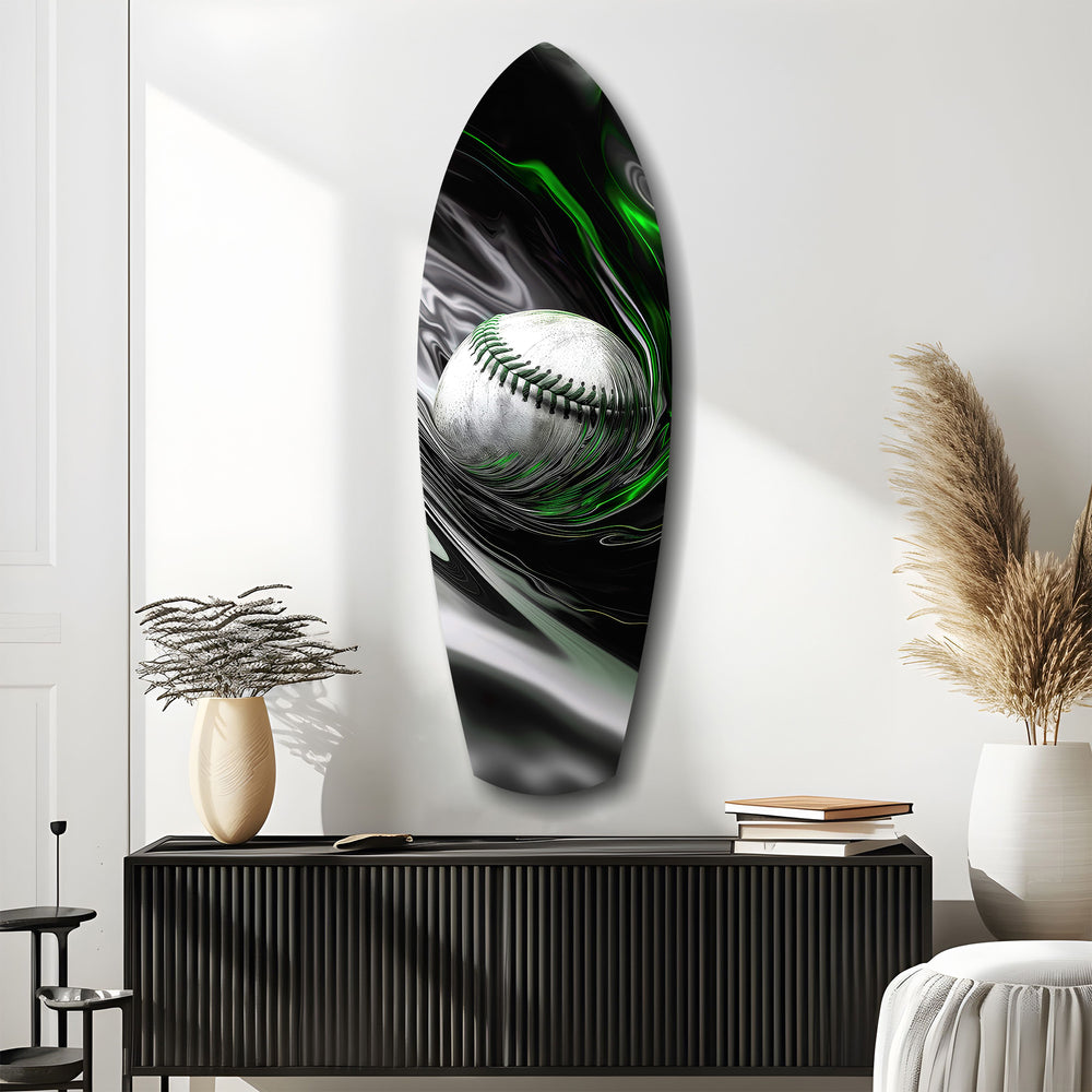 Baseball Liquid Swirl Black Green Glass Wall Art.