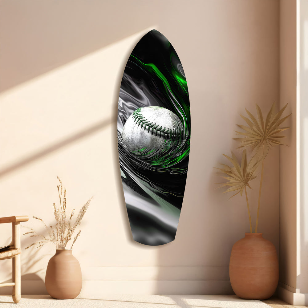 Baseball Liquid Swirl Black Green Glass Wall Art.