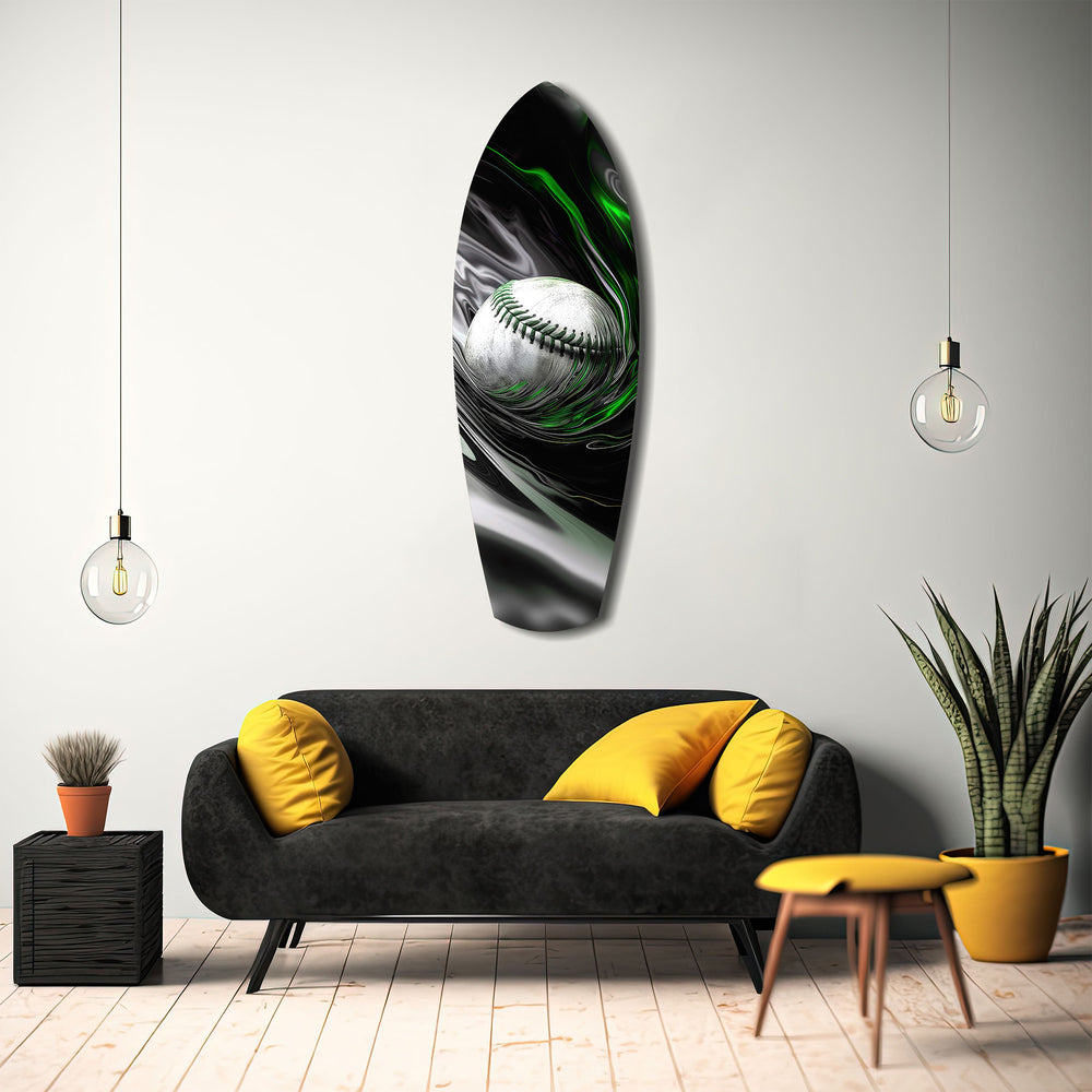 Baseball Liquid Swirl Black Green Glass Wall Art.