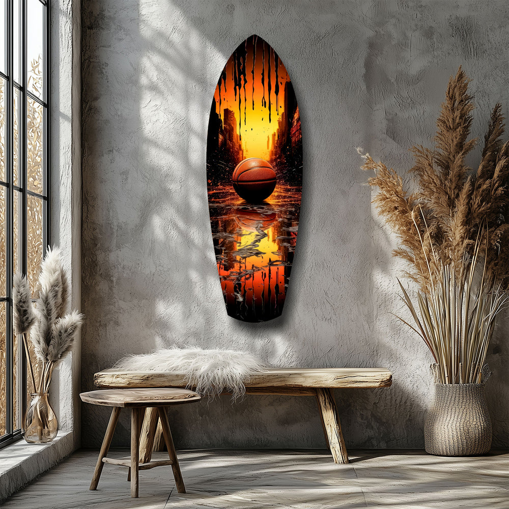 Basketball Sunset Cityscape Drip Glass Wall Art.