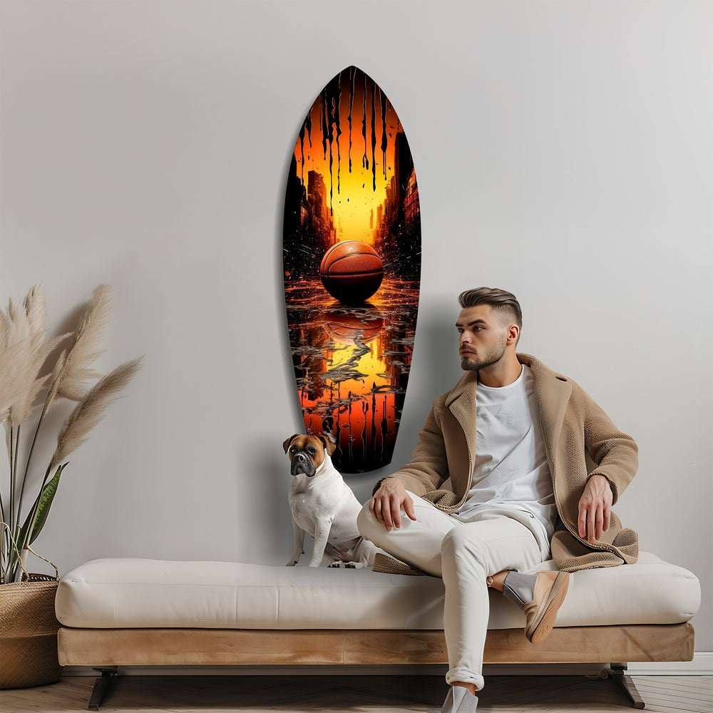 Basketball Sunset Cityscape Drip Glass Wall Art.