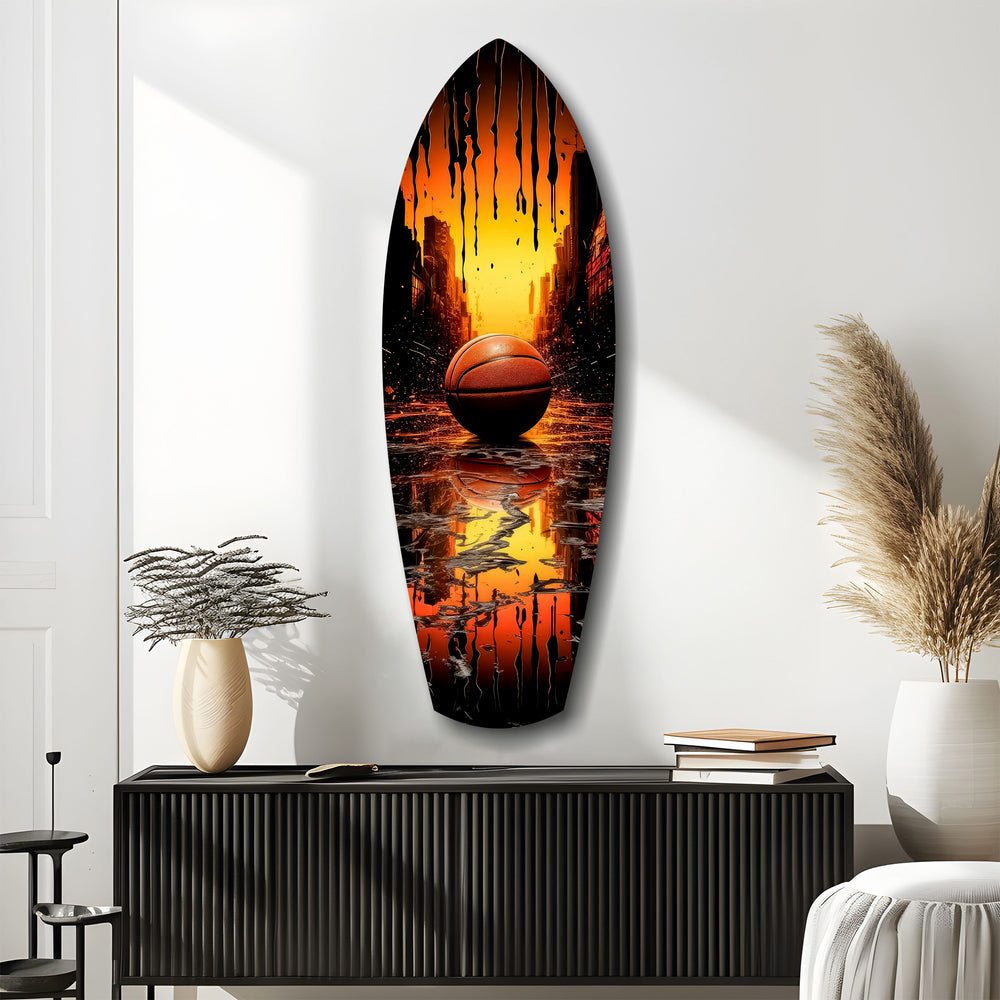 Basketball Sunset Cityscape Drip Glass Wall Art.