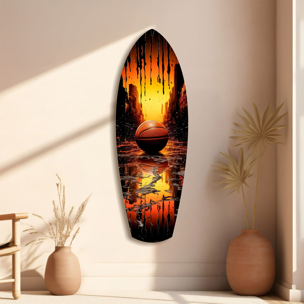 Basketball Sunset Cityscape Drip Glass Wall Art.