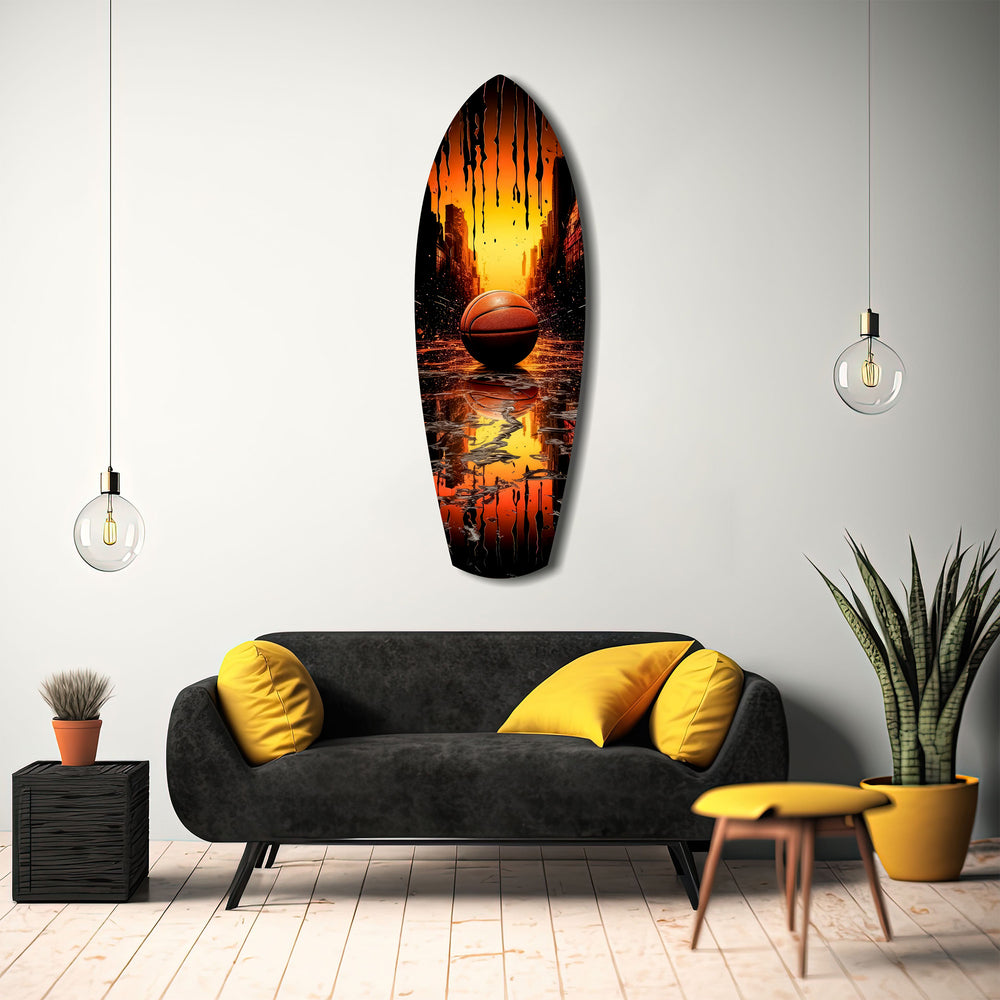 Basketball Sunset Cityscape Drip Glass Wall Art.