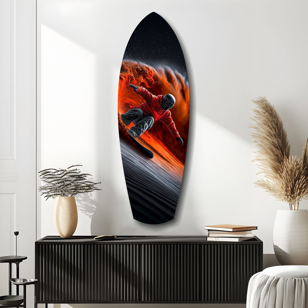 Snowboarder Fire Trail Adrenaline Glass Wall Art.