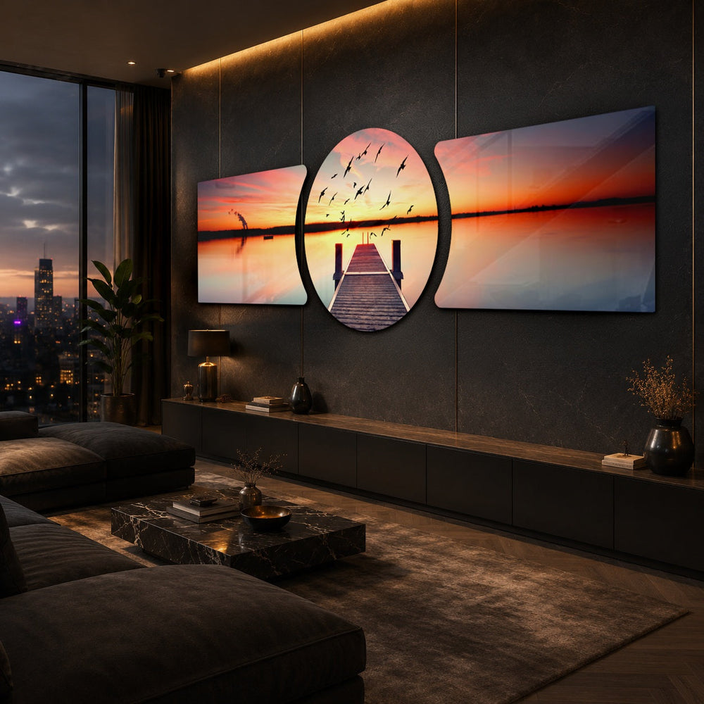 Sunset Pier Flying Birds 3 Piece Glass Wall Art