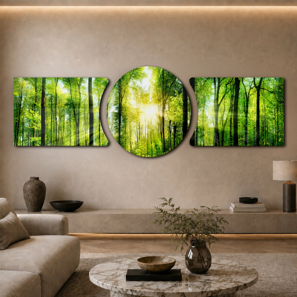 Sunbeams streaming through a fresh green forest canopy of tall slender trees. 3 piece glass wall art set D