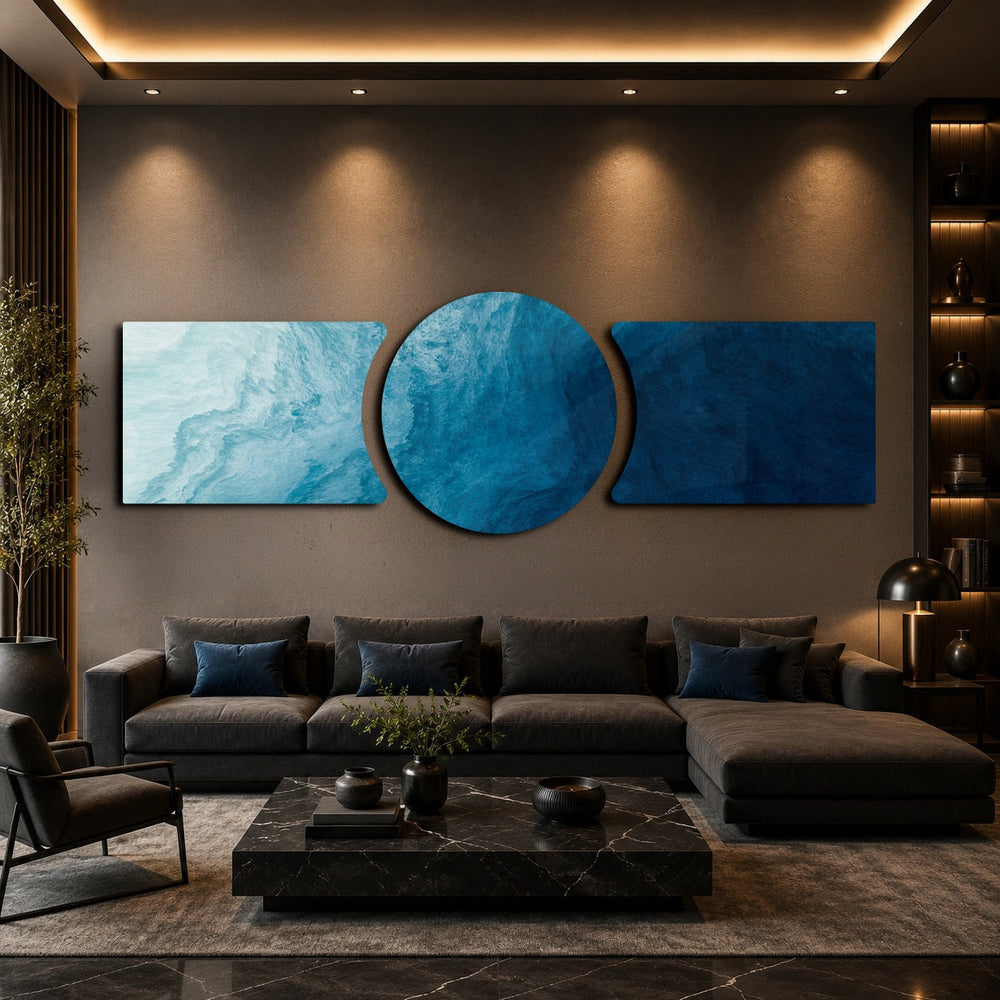 Abstract flowing water in shades of blue, from pale aqua foam to deep navy depths. 3 piece glass wall art set B