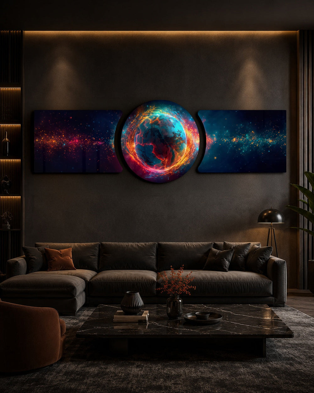 A fiery glowing planet with blue oceans wrapped in orange energy currents, floating in a starfield of deep space 3 piece glass wall art set C