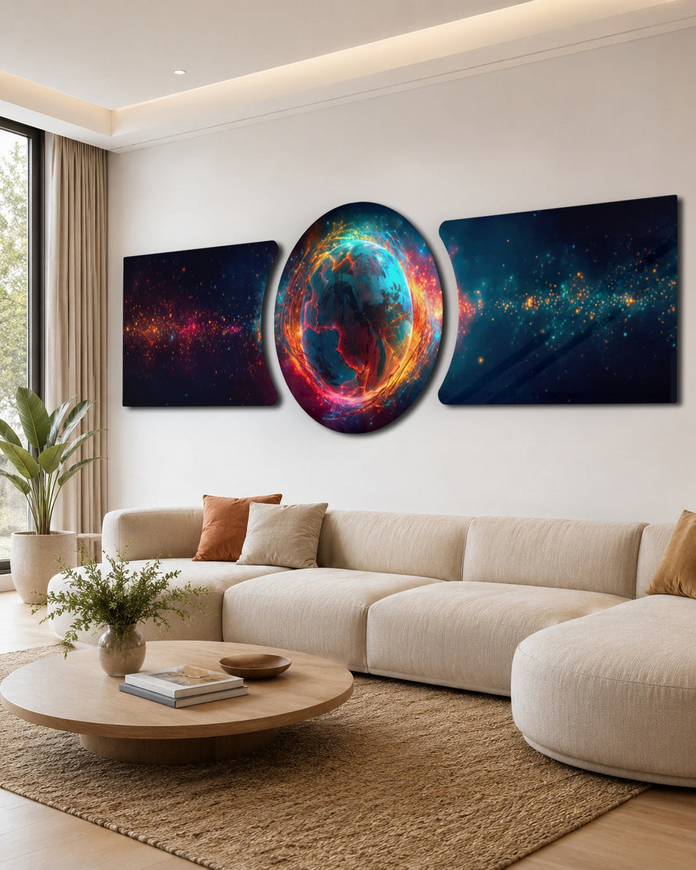 A fiery glowing planet with blue oceans wrapped in orange energy currents, floating in a starfield of deep space 3 piece glass wall art set D