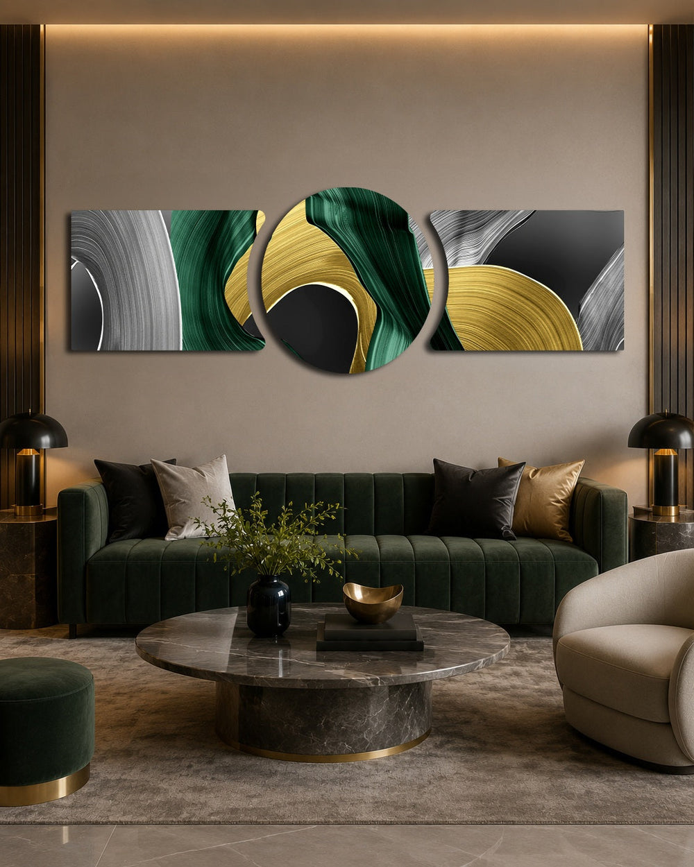 Sweeping abstract brushstrokes of emerald green, metallic gold, silver and black curling into fluid loops across a panoramic field 3 piece glass wall art set B