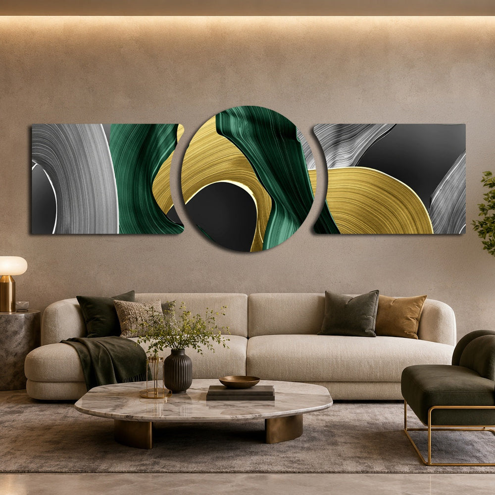 Sweeping abstract brushstrokes of emerald green, metallic gold, silver and black curling into fluid loops across a panoramic field 3 piece glass wall art set C