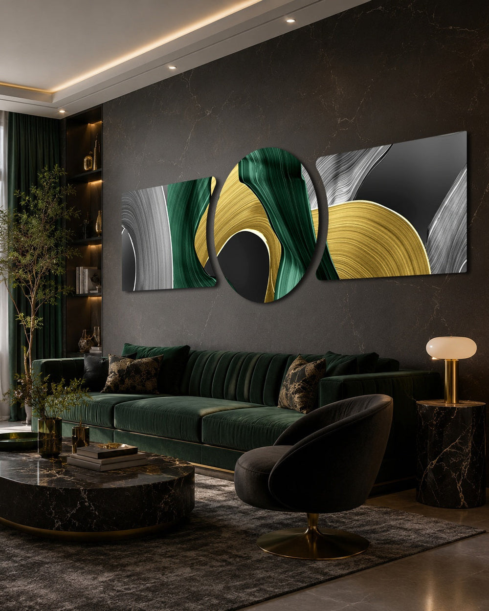 Sweeping abstract brushstrokes of emerald green, metallic gold, silver and black curling into fluid loops across a panoramic field 3 piece glass wall art set D