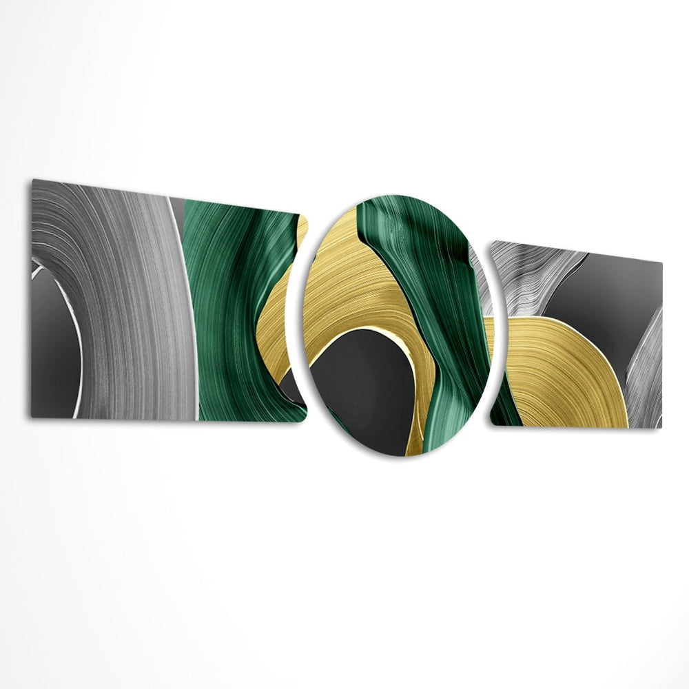 Sweeping abstract brushstrokes of emerald green, metallic gold, silver and black curling into fluid loops across a panoramic field 3 piece glass wall art set E