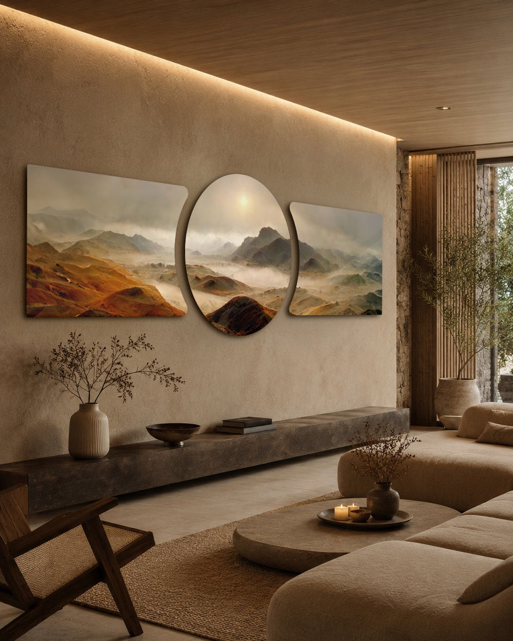 A vast dawn landscape of golden-brown mountain ridges wrapped in low fog, with a soft sun glowing through the haze 3 piece glass wall art set B