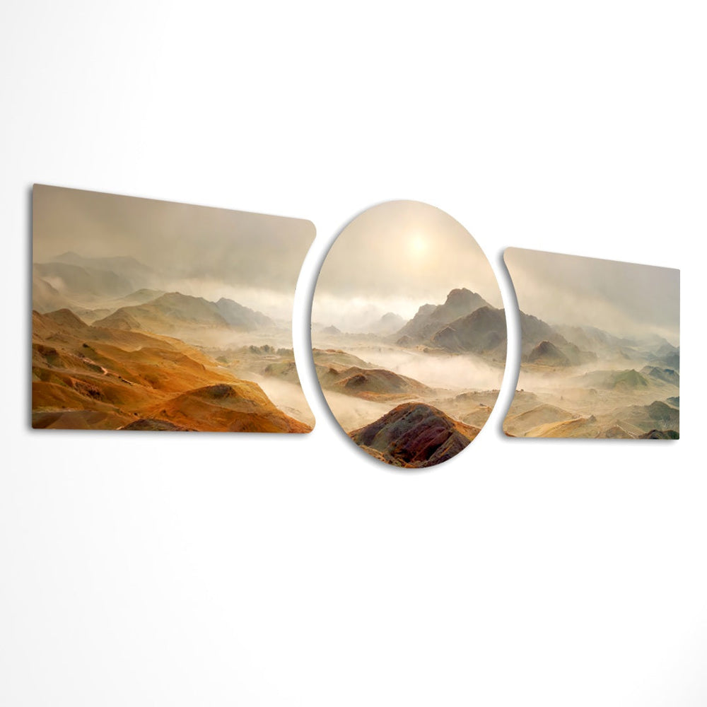 A vast dawn landscape of golden-brown mountain ridges wrapped in low fog, with a soft sun glowing through the haze 3 piece glass wall art set E