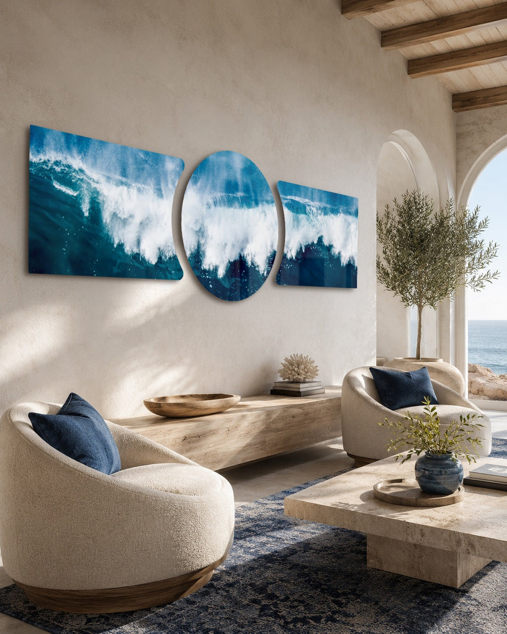 Crashing Blue Ocean Wave 3 Piece Glass Wall Art