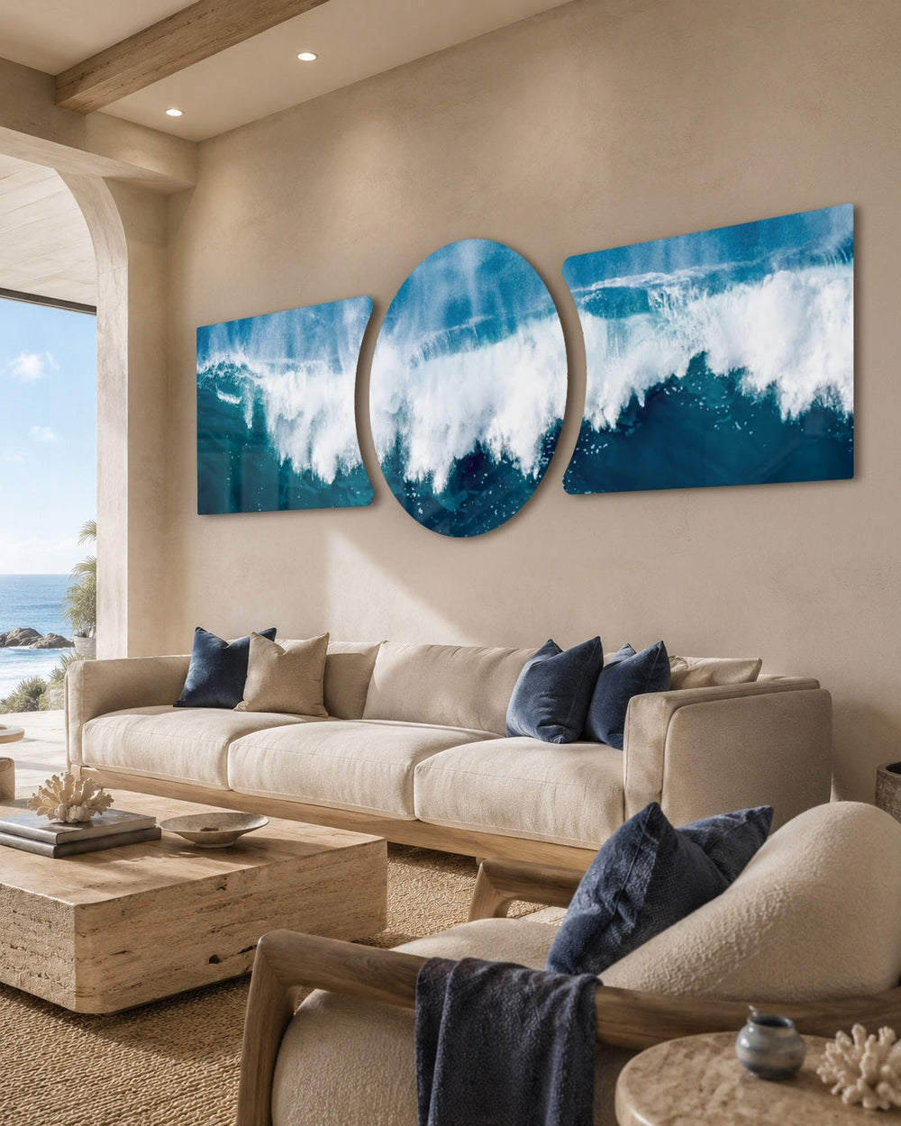 A powerful ocean wave breaking into white foam and spray across deep blue and teal water under a soft sky 3 piece glass wall art set C