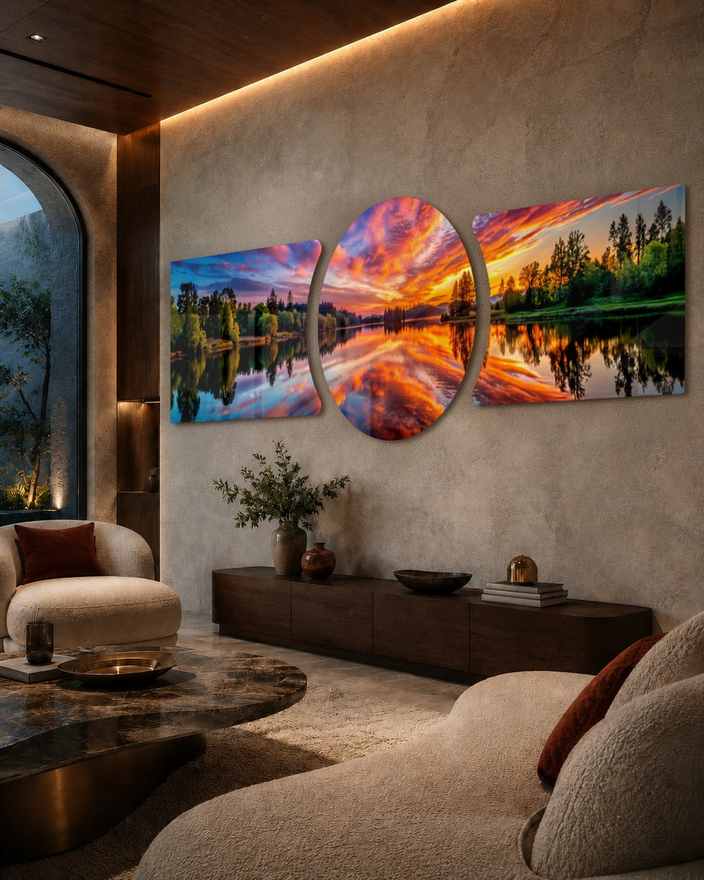 A blazing orange and pink sunset sky mirrored on a calm forest lake, framed by lush green trees. 3 piece glass wall art set B