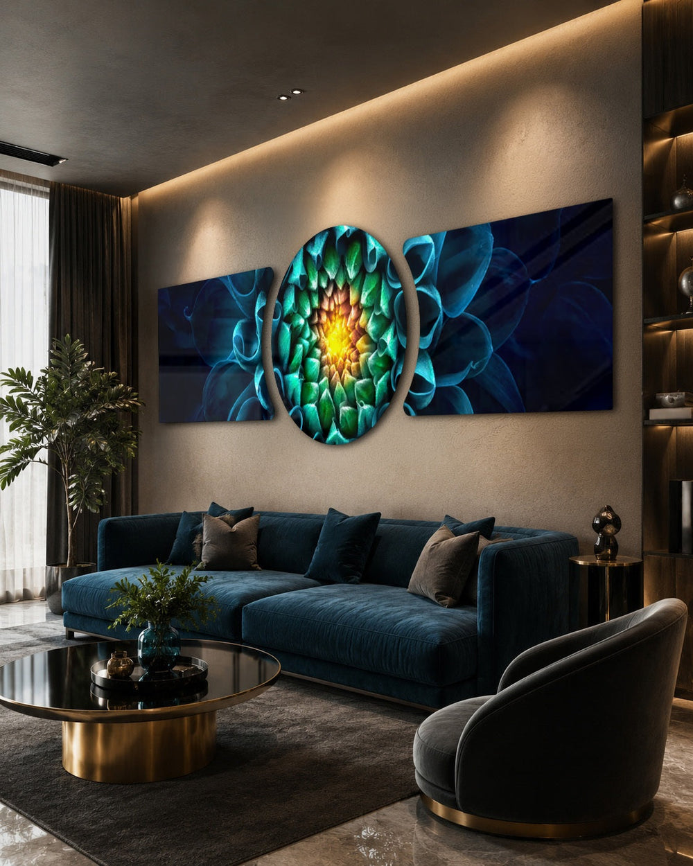 Glowing Teal Dahlia Bloom Macro 3 Piece Glass Wall Art