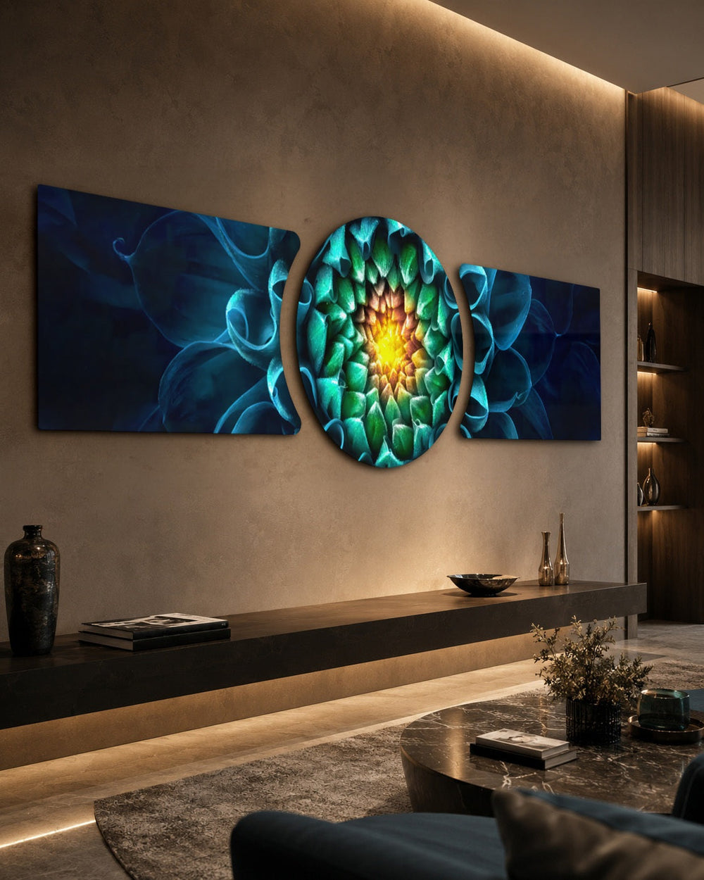 A macro close-up of a dahlia flower with teal-blue petals spiraling toward a radiant green and gold glowing center. 3 piece glass wall art set C
