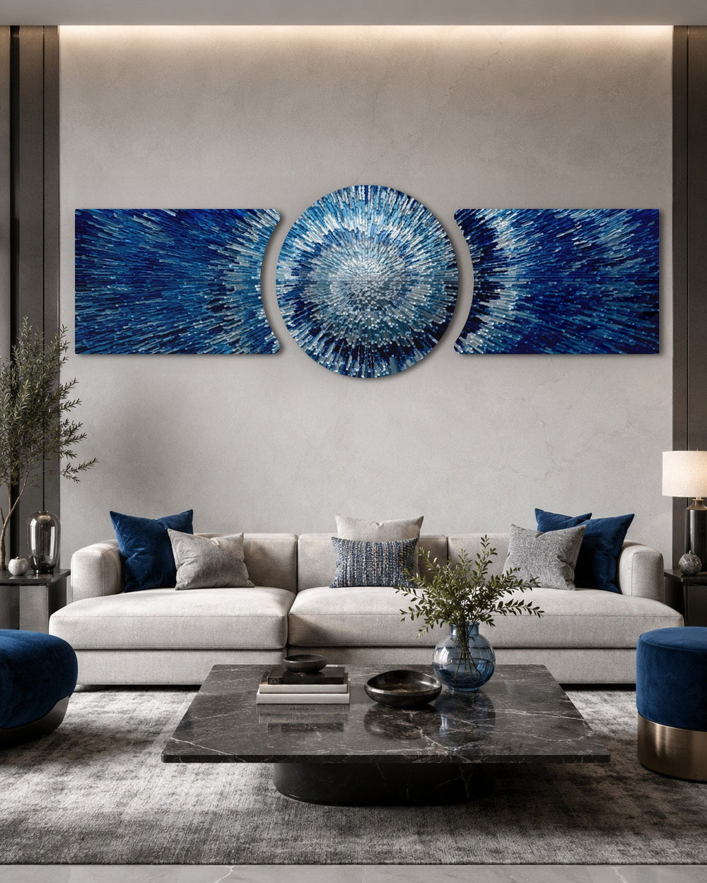 An abstract 3D starburst of blue and silver shards radiating outward from a bright glowing white center. 3 piece glass wall art set C