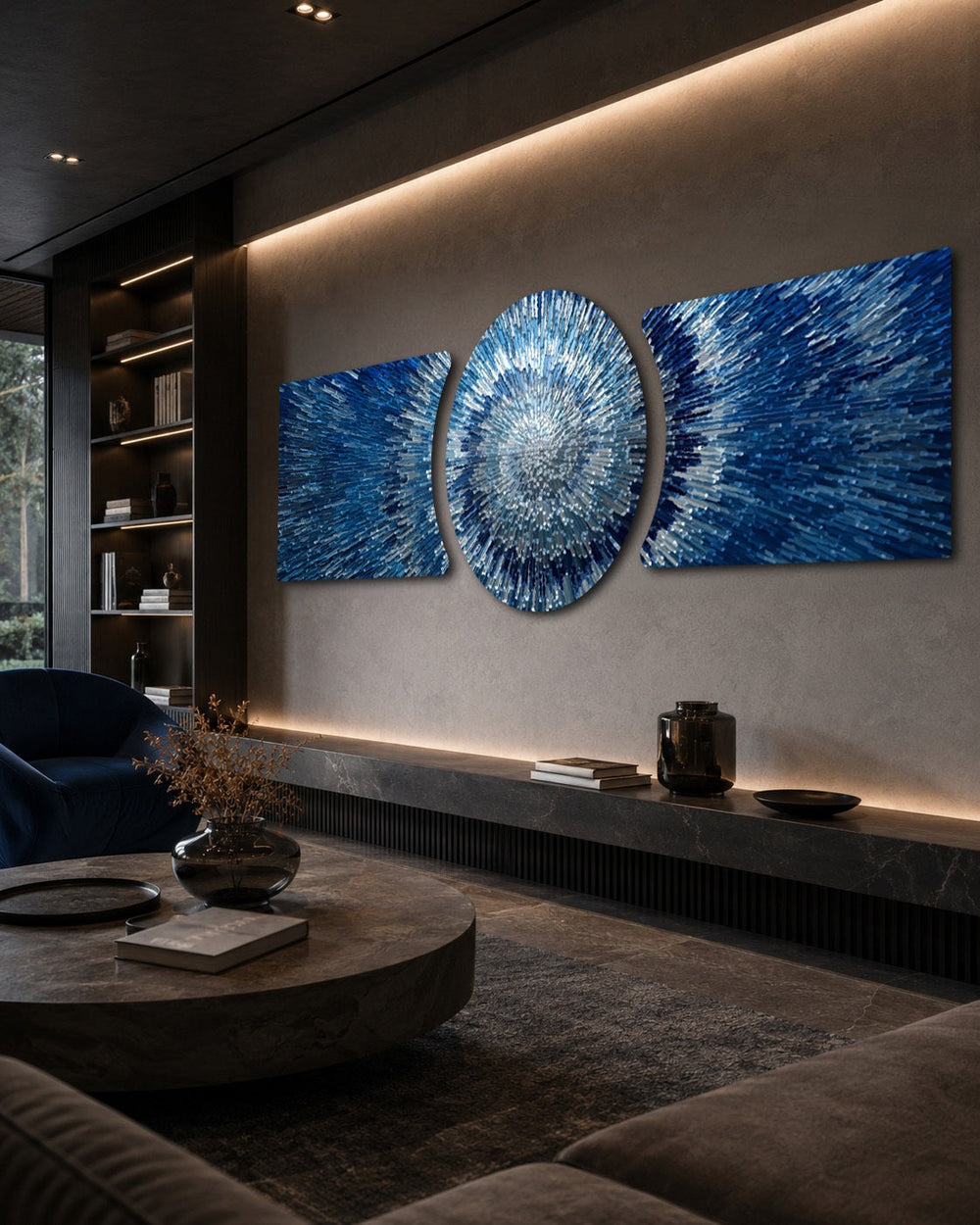 An abstract 3D starburst of blue and silver shards radiating outward from a bright glowing white center. 3 piece glass wall art set D