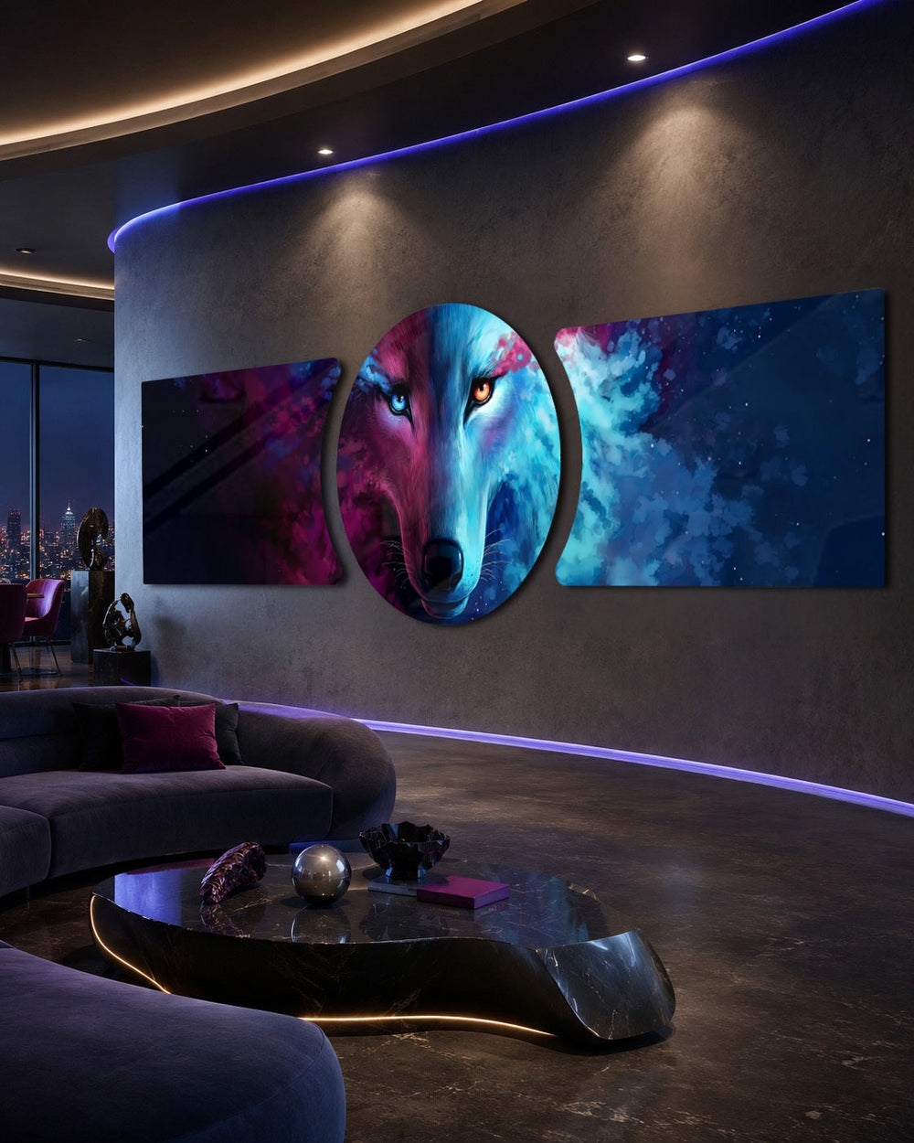 A cosmic wolf face split between deep blue and fiery red, staring out from a starry nebula. 3 piece glass wall art set B
