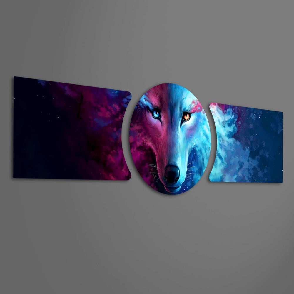 A cosmic wolf face split between deep blue and fiery red, staring out from a starry nebula. 3 piece glass wall art set F