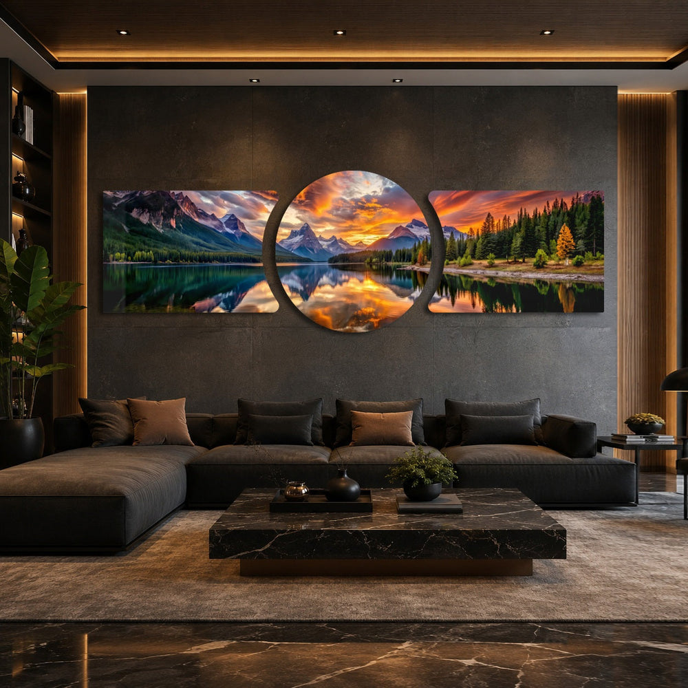 Snow-capped mountains and pine forests glowing under a fiery orange sunset, mirrored in a still mountain lake. 3 piece glass wall art set B