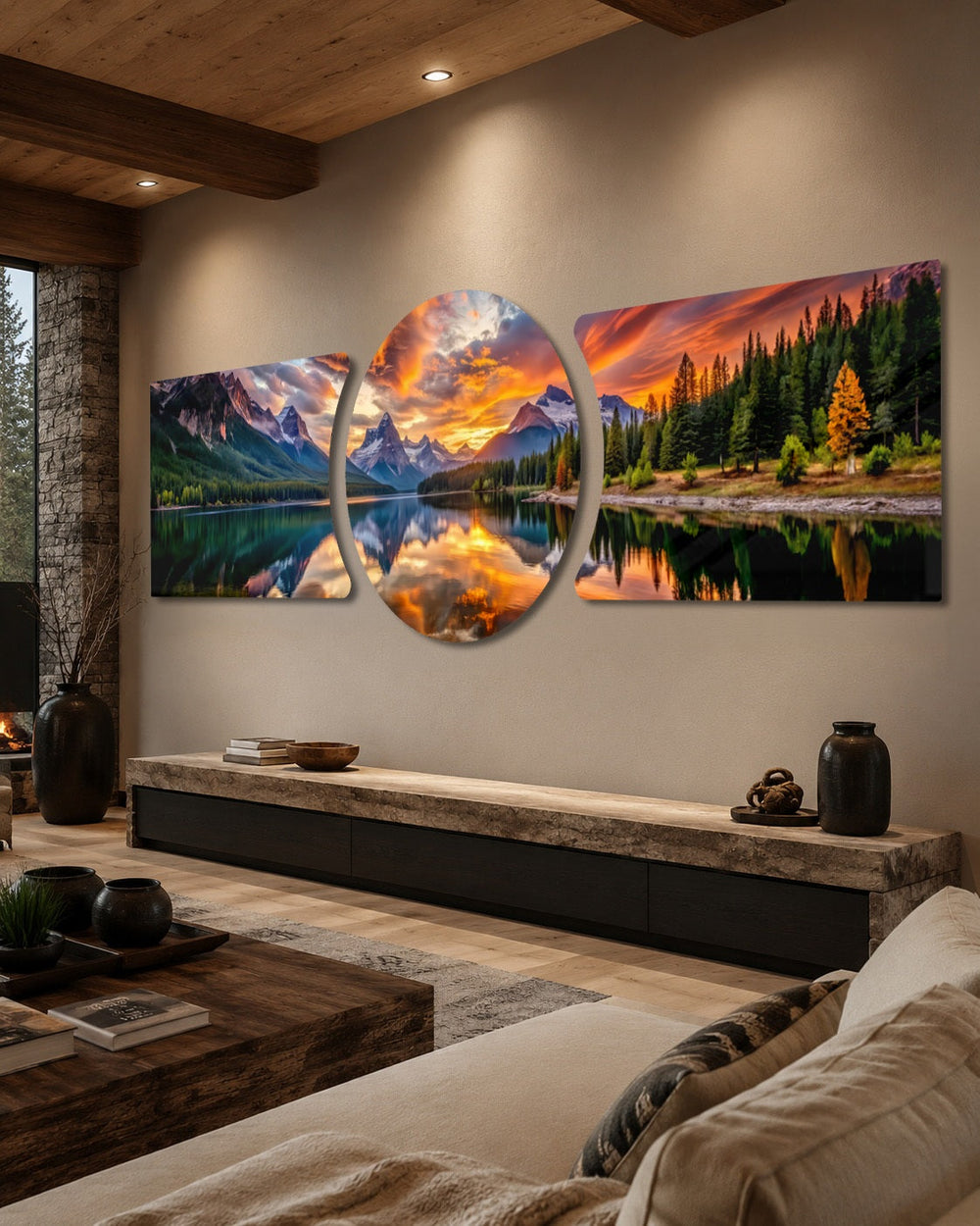Snow-capped mountains and pine forests glowing under a fiery orange sunset, mirrored in a still mountain lake. 3 piece glass wall art set D