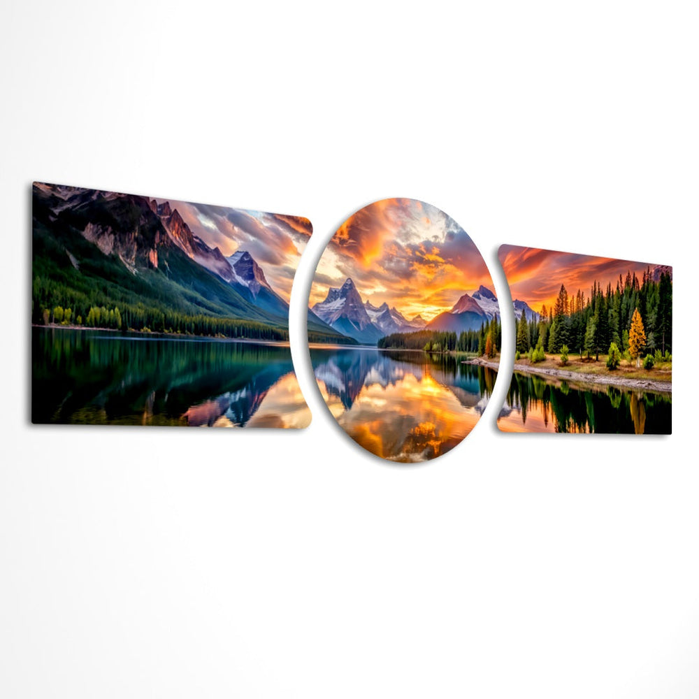 Snow-capped mountains and pine forests glowing under a fiery orange sunset, mirrored in a still mountain lake. 3 piece glass wall art set E
