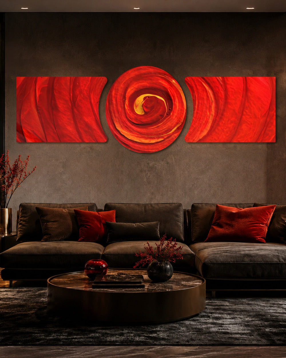 Crimson Swirl Vortex 3 Piece Glass Wall Art