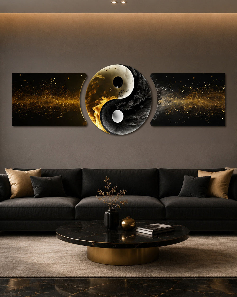Golden Black Yin Yang Balance 3 Piece Glass Wall Art