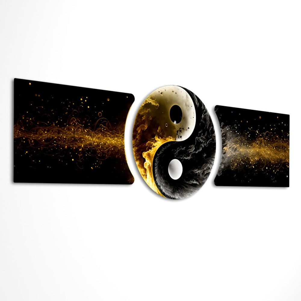 A yin yang symbol formed from pale moon-like smoke and dark smoke, framed in gold on a black ground with drifting golden sparks. 3 piece glass wall art set F