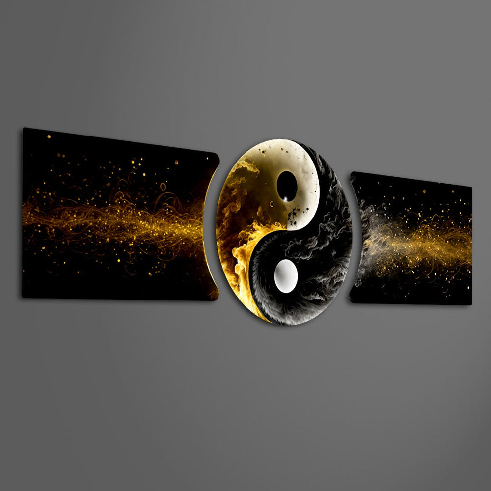 A yin yang symbol formed from pale moon-like smoke and dark smoke, framed in gold on a black ground with drifting golden sparks. 3 piece glass wall art set G
