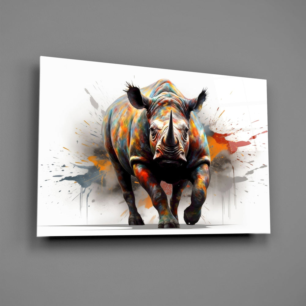Close-up detail of the charging rhinoceros and rainbow splatter behind glass