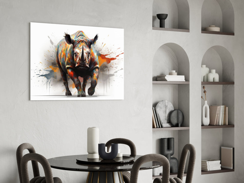 Splatter rhinoceros panel against a moody concrete-look accent wall