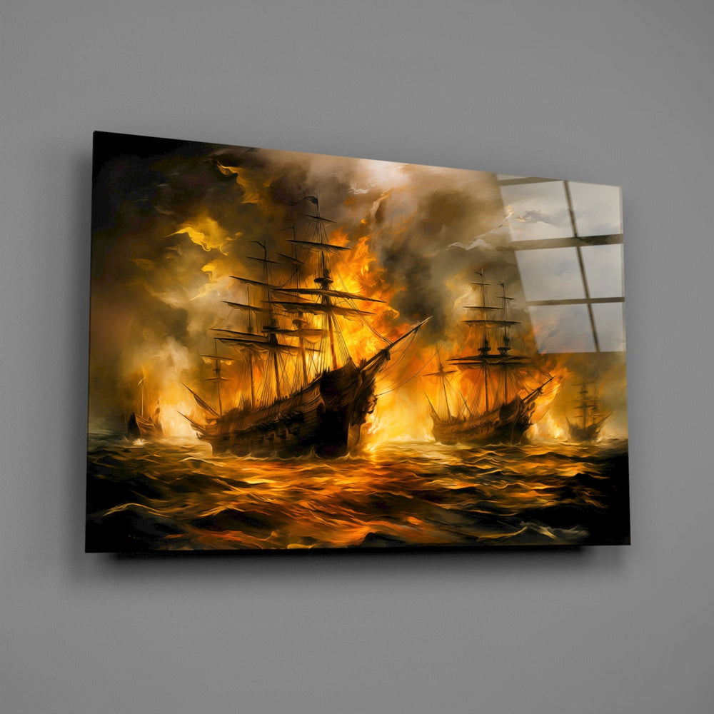 Close-up detail of the burning galleons and golden flame behind glass