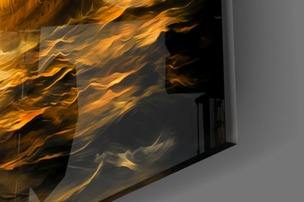 Navy in Flames glass wall art catching light to reveal its oil brushwork