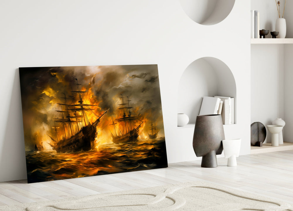 Navy in Flames artwork styled in a wood-paneled library