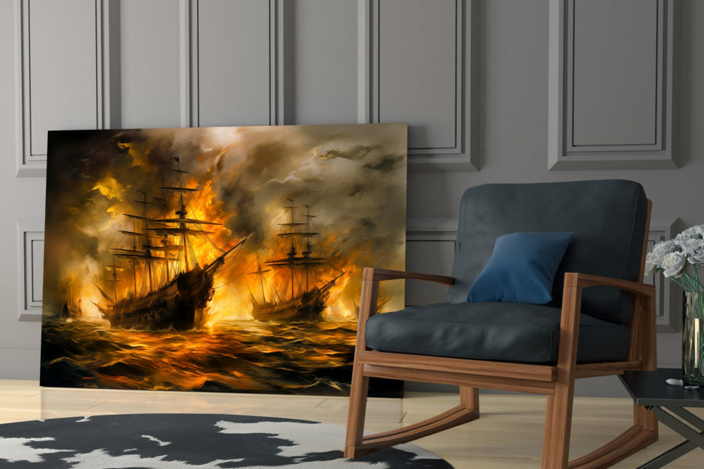 Naval battle artwork in a gentleman's lounge with leather seating