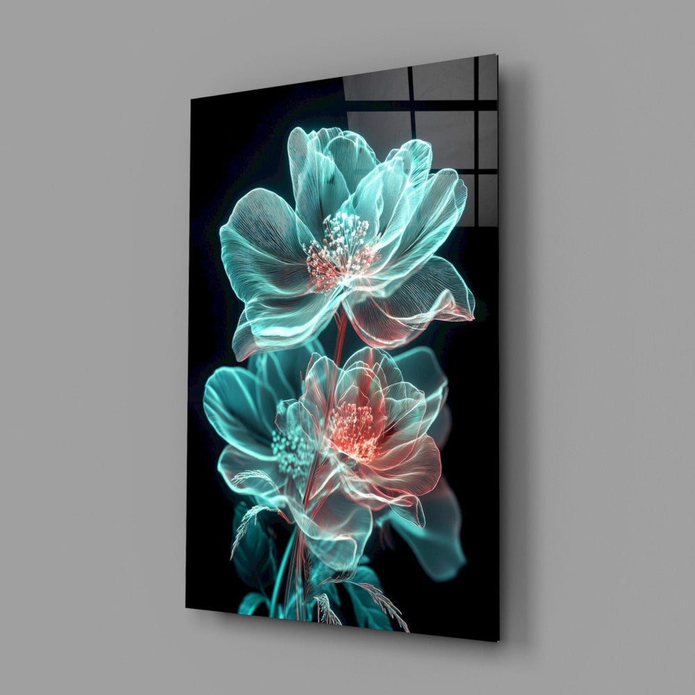 Close-up detail of the translucent turquoise petals and coral core behind glass