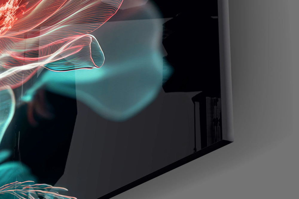 Luminous peony glass wall art catching light to reveal its glowing translucence
