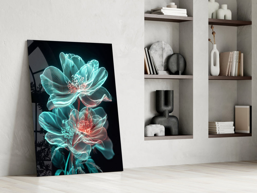 Luminous peony artwork in a spa or wellness room