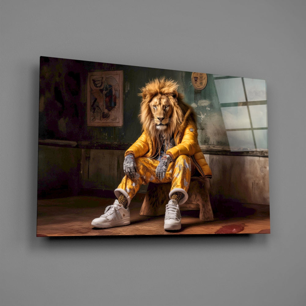Close-up detail of the anthropomorphic lion in mustard tracksuit behind glass