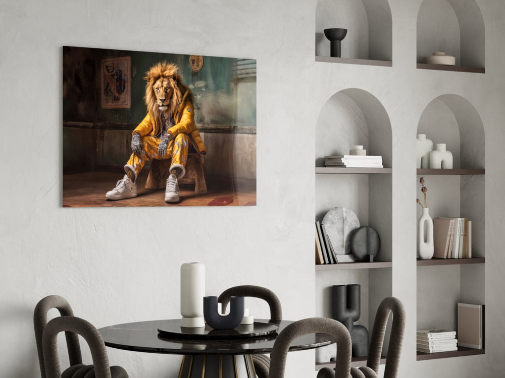 Anthropomorphic lion panel against a brick or moody concrete accent wall