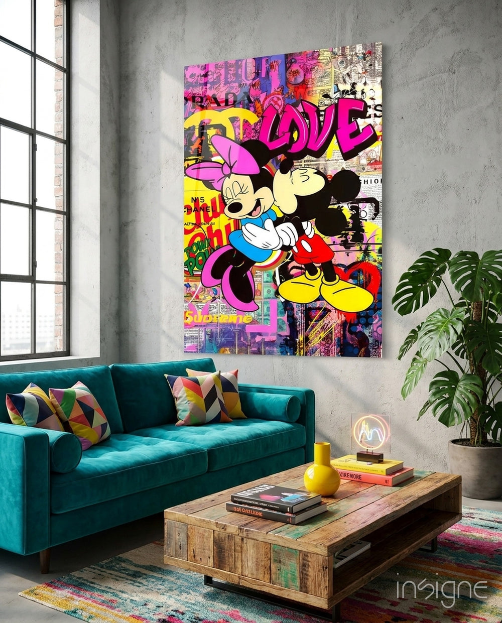 Mickey and Minnie: The Color of Love Glass Wall Art || Designer Collection - Lifestyle preview in a designer interior