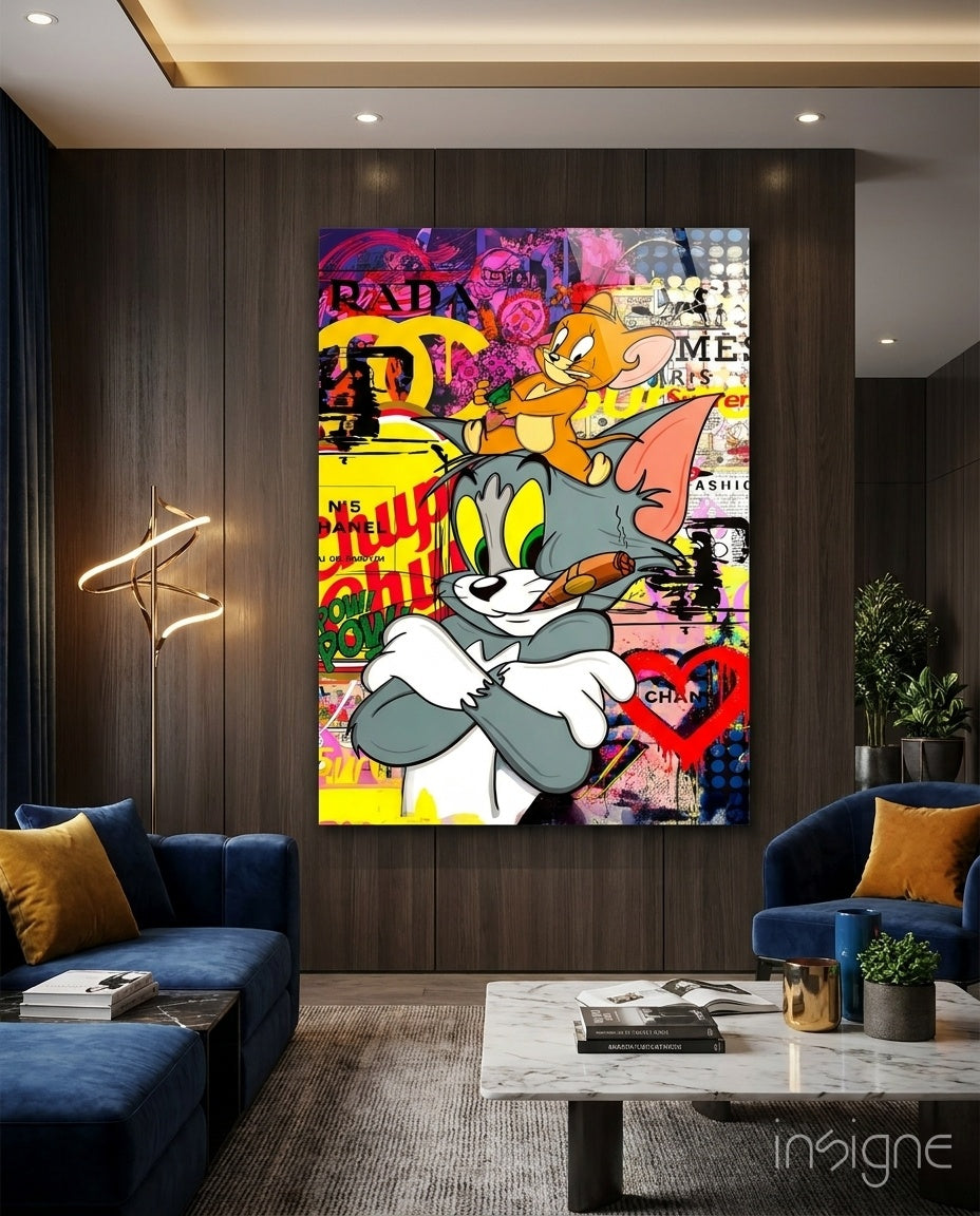 Tom and Jerry Street Art pop-graffiti glass wall art in a modern creative loft