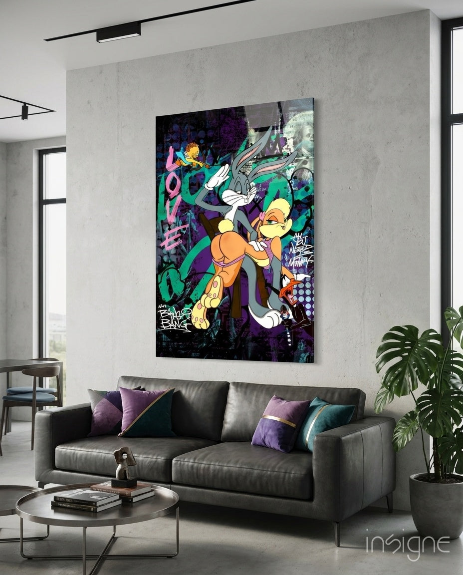 Bugs and Lola Dance of Love graffiti glass wall art in a modern designer's boutique